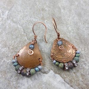 Etched copper, jasper, and crystal earrings
